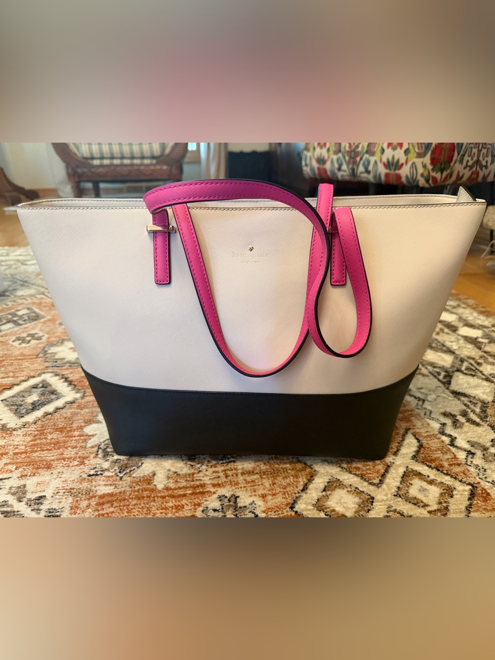 kate spade Cream and Black Tote with Hot Pink Trim